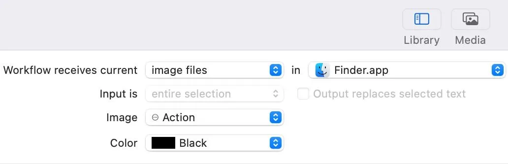 Cài đặt hành động 'Workflow Receives Current' thành 'Image Files' trong Finder trên Automator Mac.