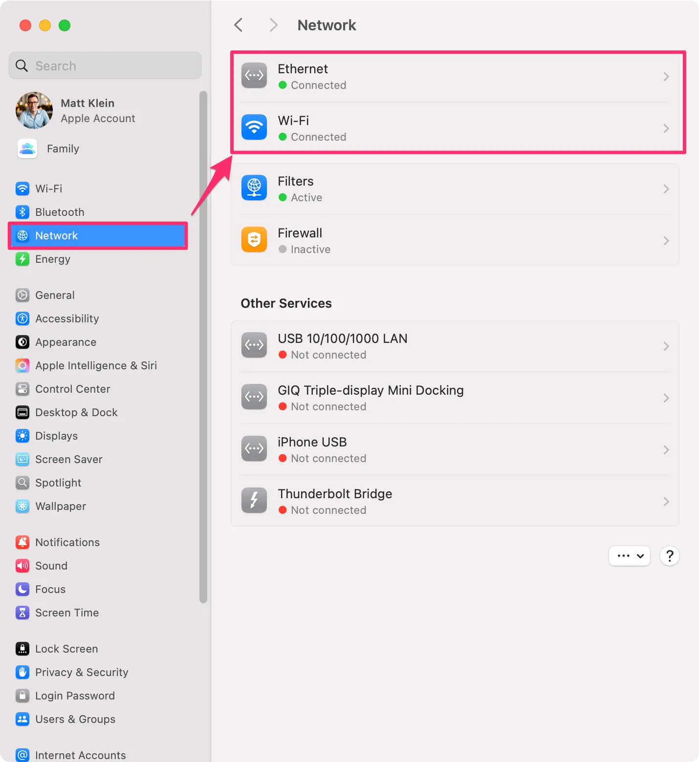 Cài đặt mạng trên macOS hiển thị trạng thái kết nối Wi-Fi và các tùy chọn mạng.