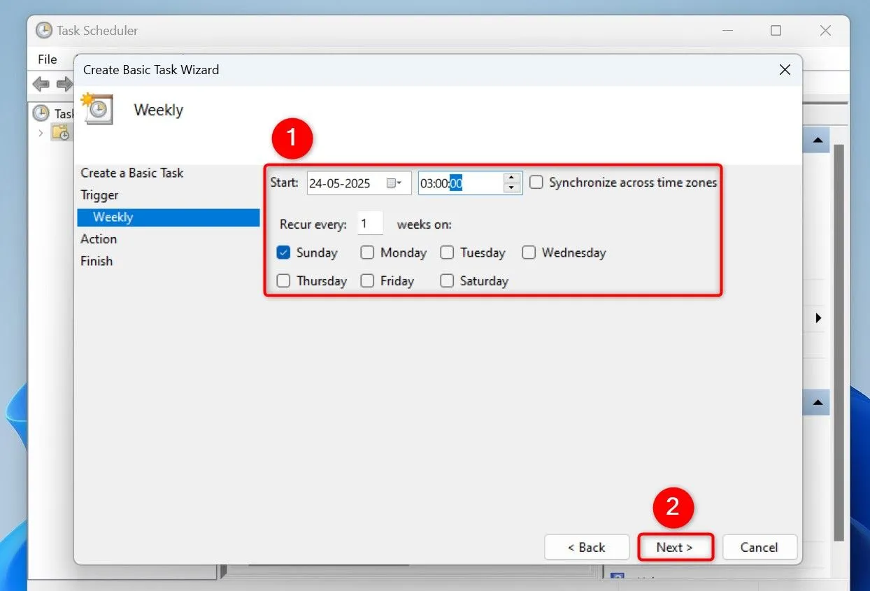 Cài đặt ngày và giờ bắt đầu cho tác vụ tự động khởi động lại trong Task Scheduler