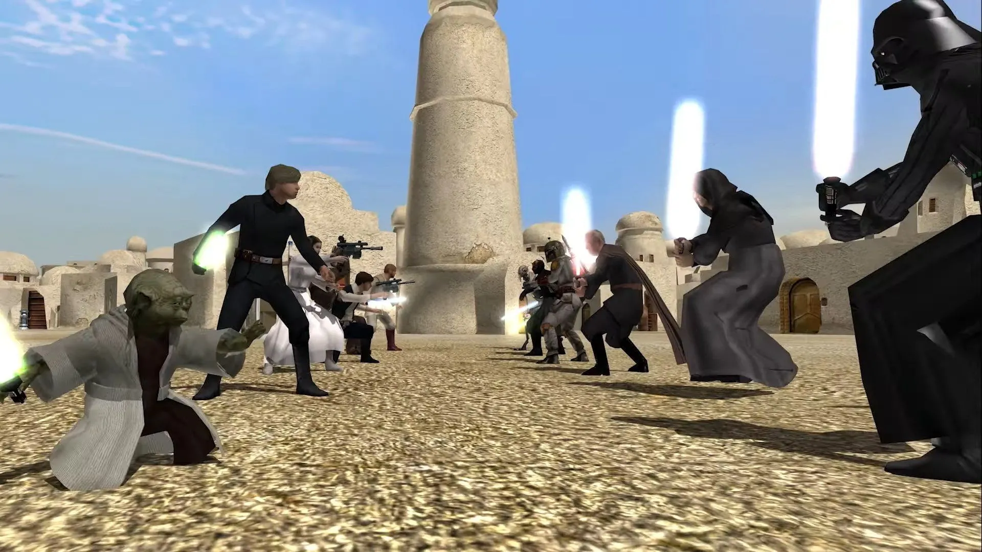 Cảnh chiến đấu hoành tráng trong Star Wars Battlefront II (2005) với các anh hùng và nhân vật phản diện.