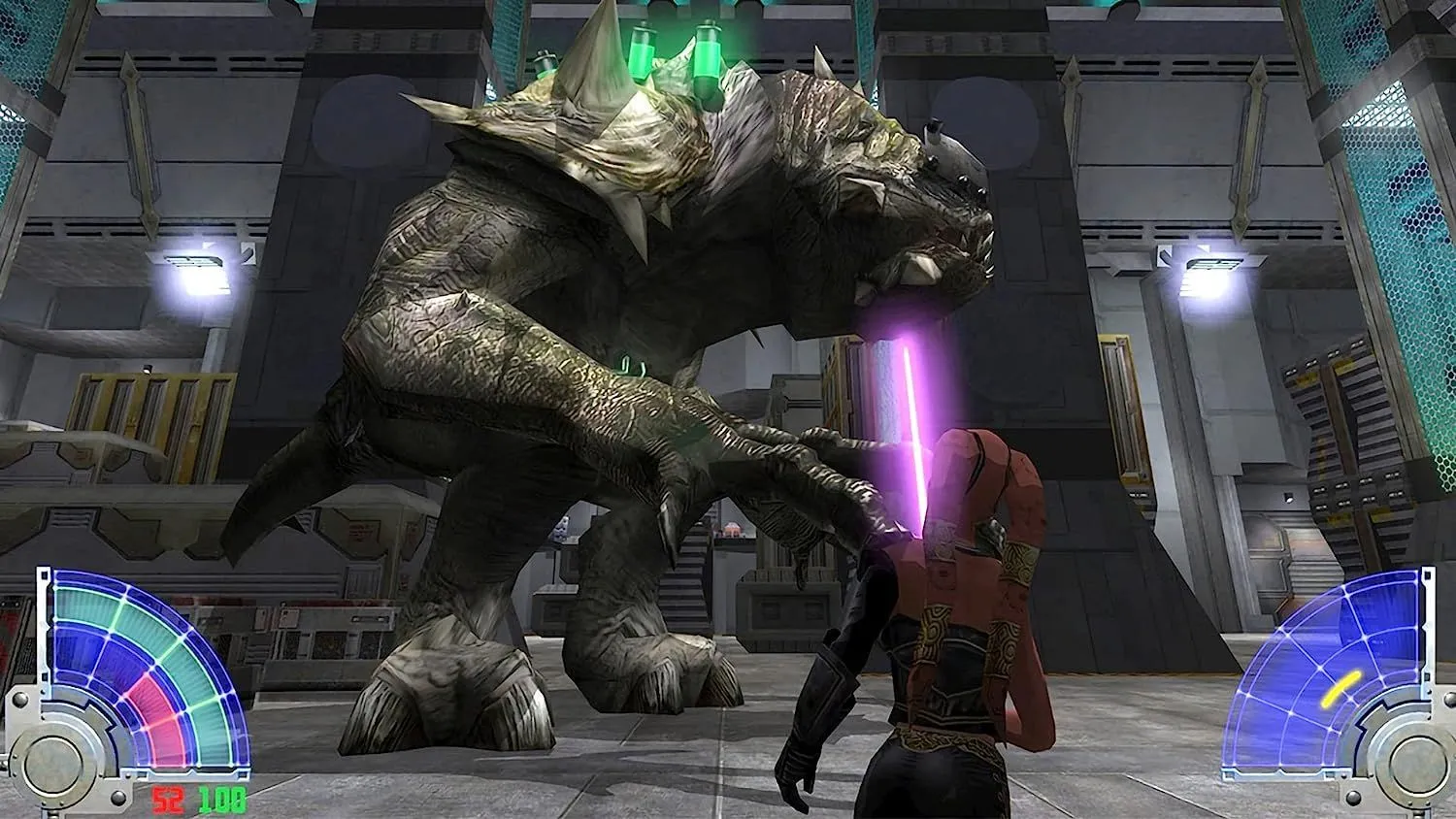 Cảnh chiến đấu lightsaber trong Star Wars: Jedi Knight, Jedi Academy, minh họa lối chơi nhập vai hành động đặc trưng của dòng game Jedi Knight.