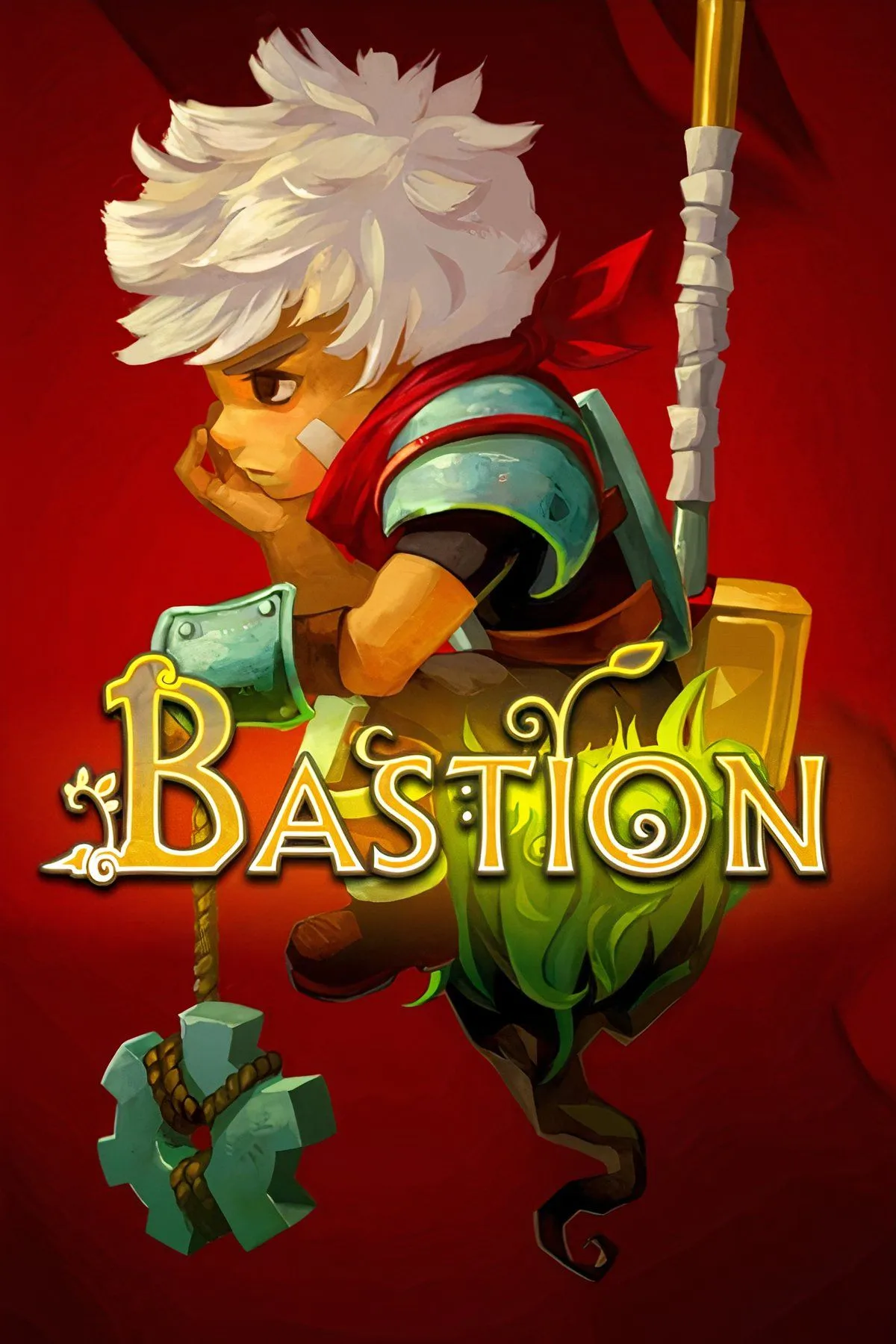 Cảnh chiến đấu trong game Bastion với nhân vật Kid đối đầu quái vật trong thế giới giả tưởng vẽ tay, thể hiện góc nhìn isometric và đồ họa độc đáo của game hành động nhập vai.