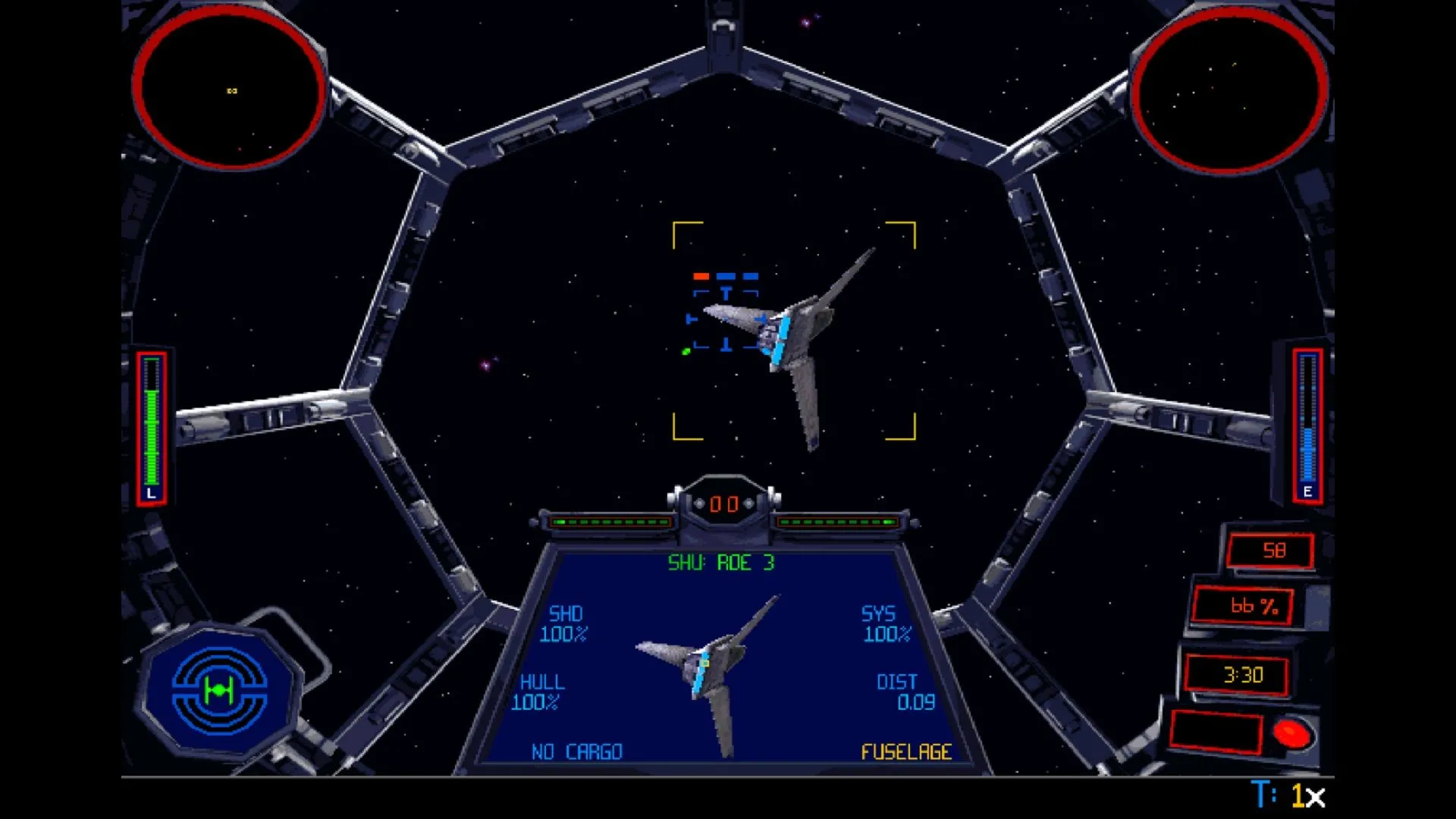 Cảnh chiến đấu trong game mô phỏng Star Wars: TIE Fighter, cho thấy trải nghiệm lái phi thuyền TIE Fighter.