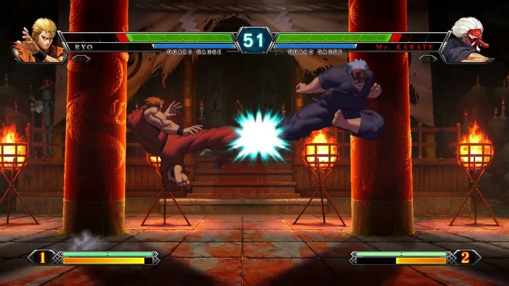 Cảnh đối kháng mãn nhãn giữa Ryo Sakazaki và Mr. Karate trong The King of Fighters XIII, một phiên bản nổi bật của dòng game KOF