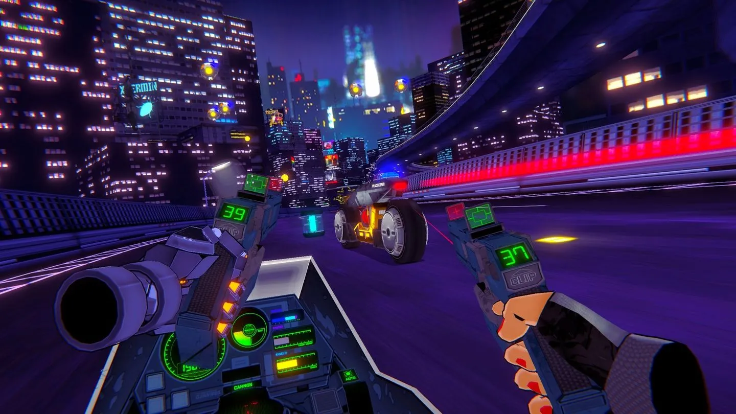 Cảnh người chơi lái mô tô và bắn súng trong game VR RUNNER theo phong cách cyberpunk.