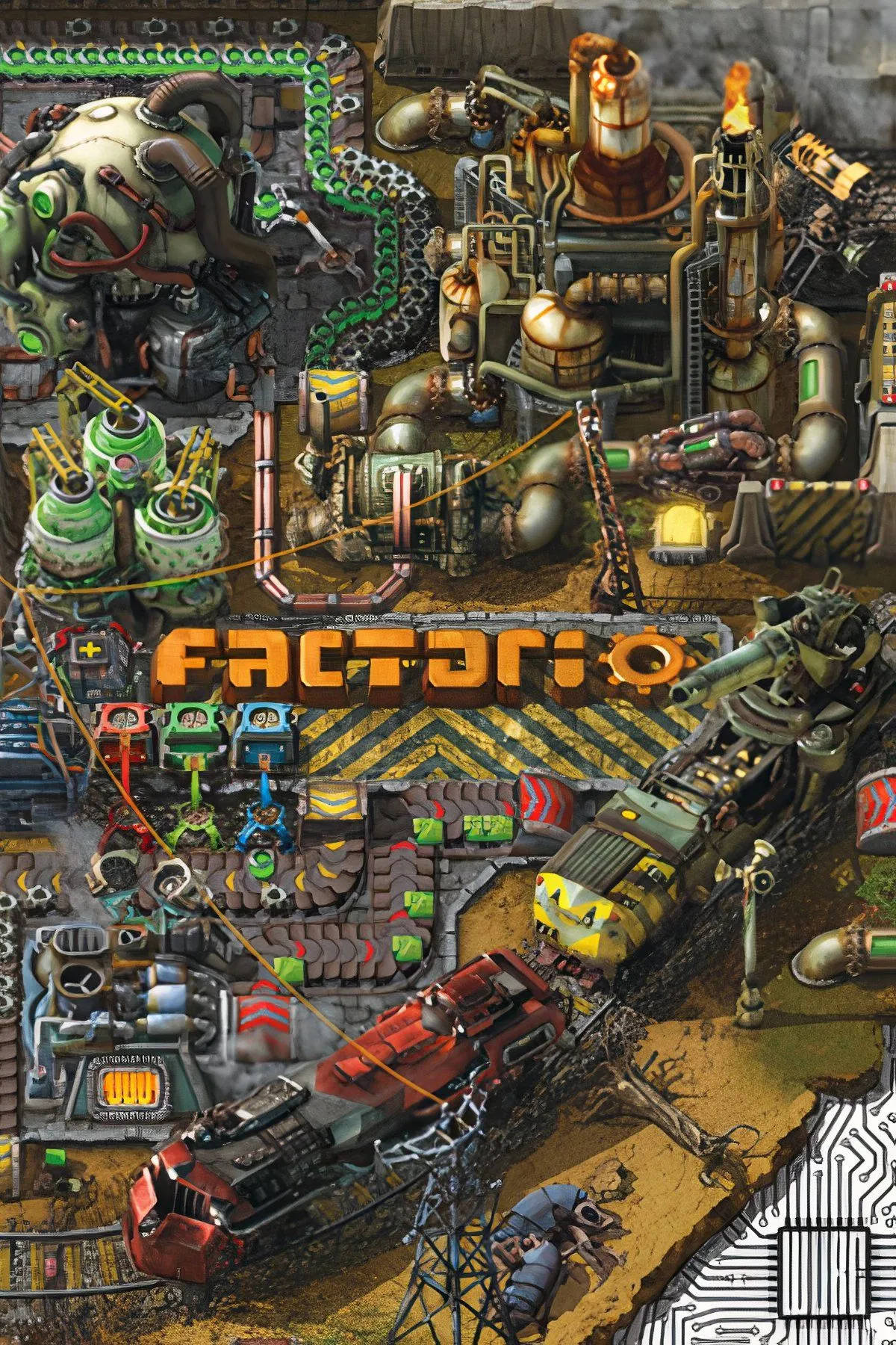 Cảnh quan một nhà máy tự động phức tạp với băng chuyền và máy móc trong game Factorio