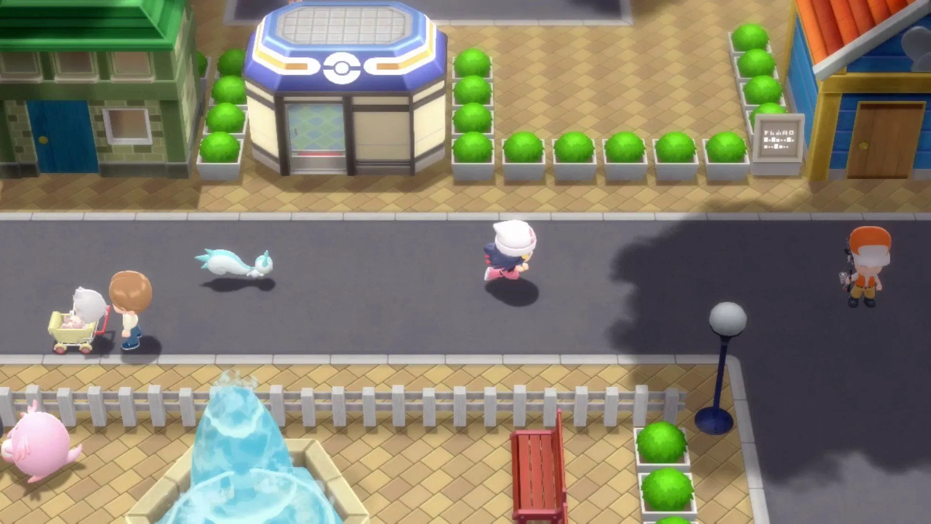 Cảnh quay trong Pokémon Brilliant Diamond and Shining Pearl, cho thấy phong cách đồ họa Chibi.