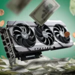 Card đồ họa (GPU) và tiền mặt xung quanh, biểu tượng tiết kiệm chi phí khi tự build PC.