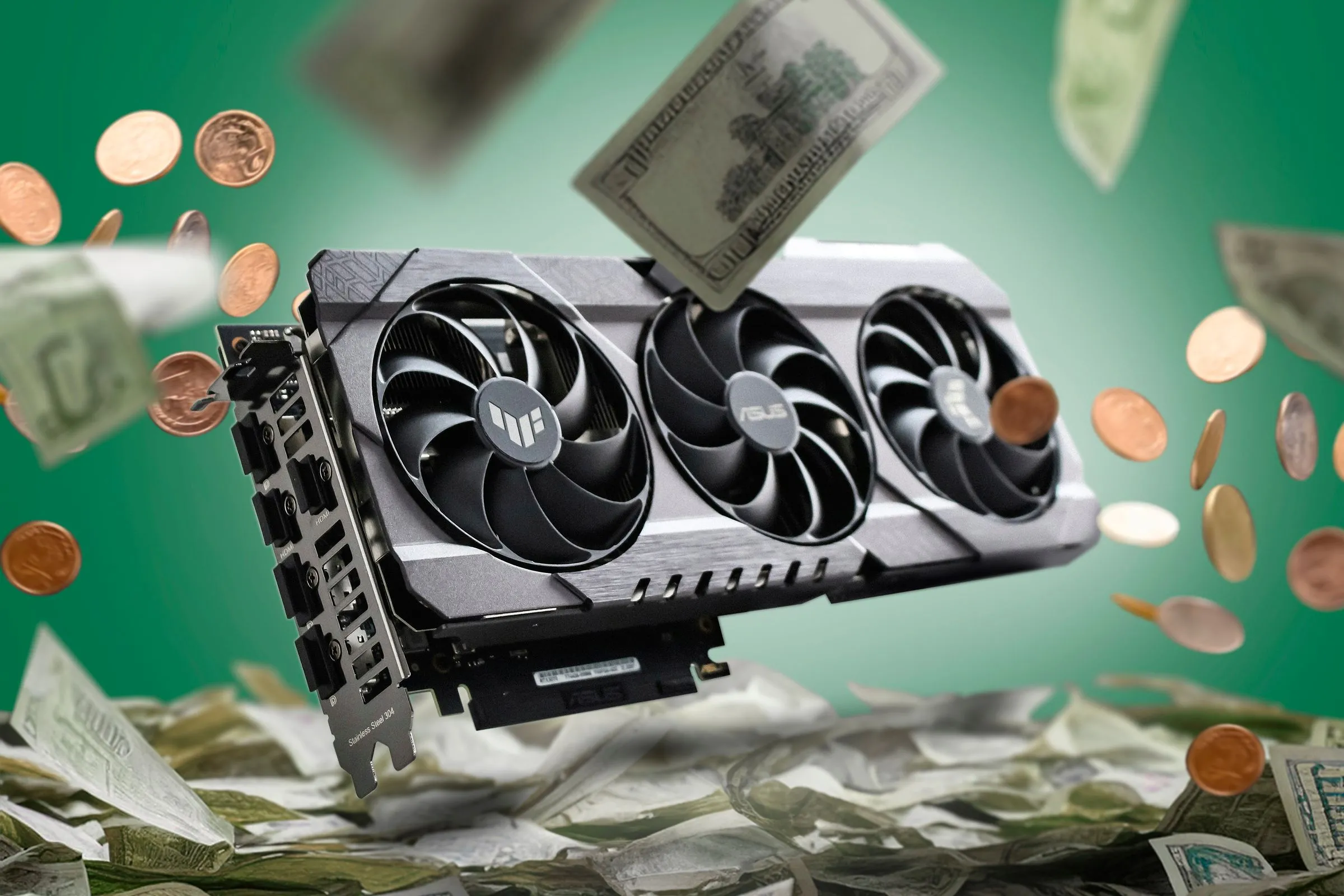 Card đồ họa (GPU) và tiền mặt xung quanh, biểu tượng tiết kiệm chi phí khi tự build PC.