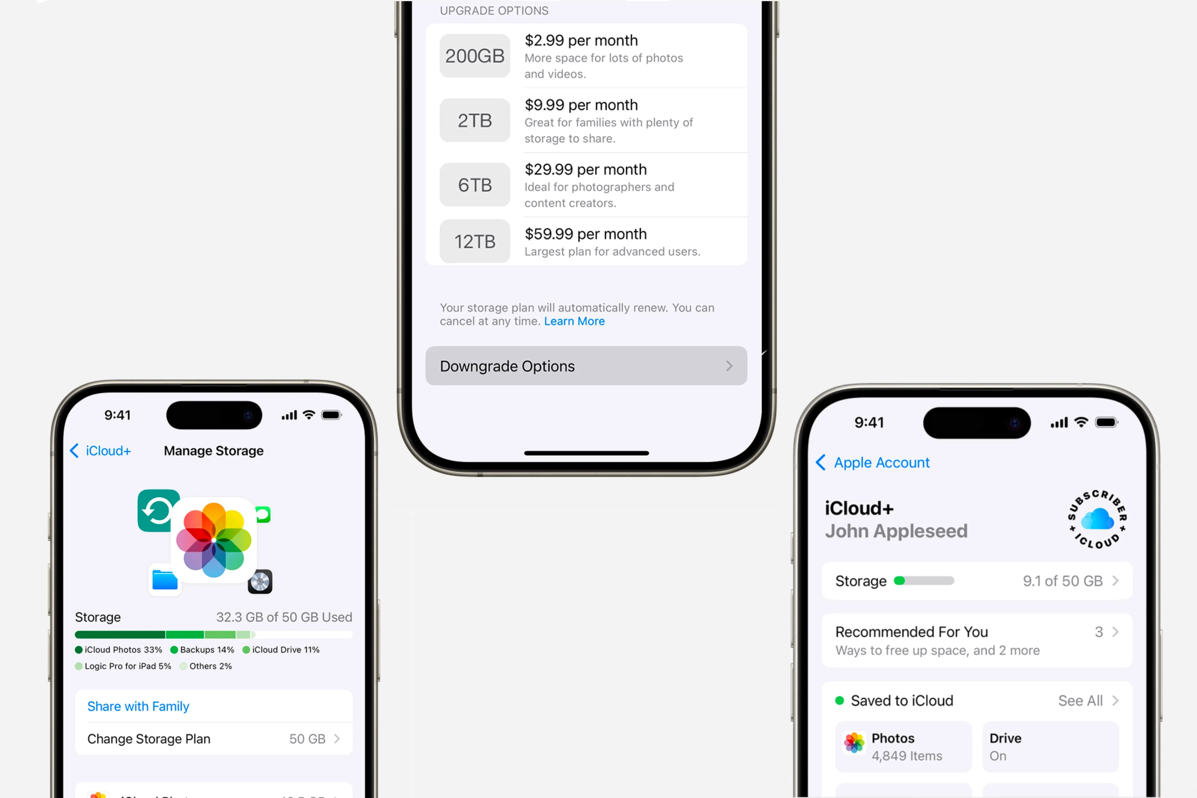 Cấu hình dung lượng iCloud hiển thị trên ba chiếc iPhone.