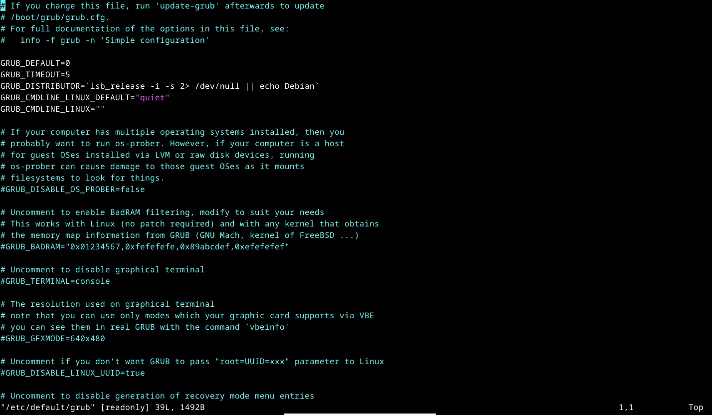 Cấu hình tệp /etc/default/grub đang mở trong trình soạn thảo Vim