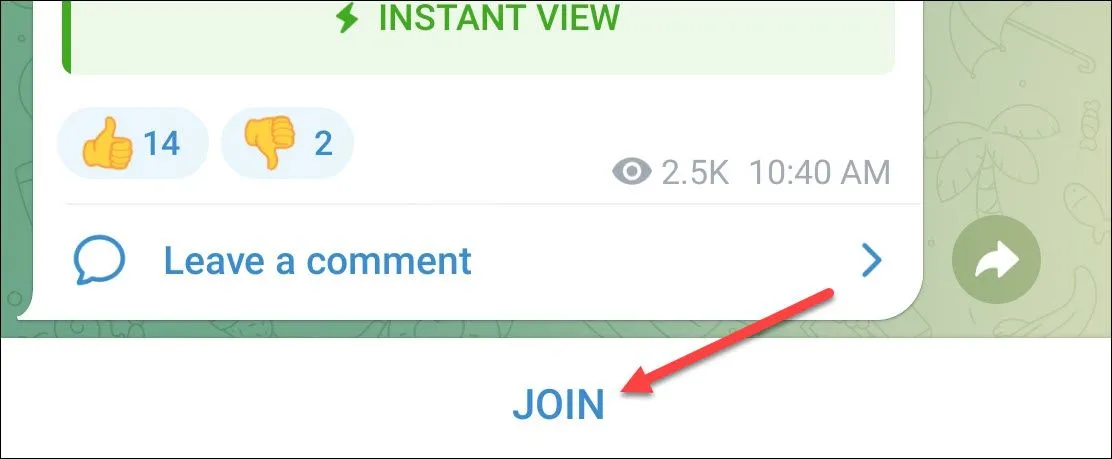 Chạm nút &quot;Tham gia&quot; để chính thức vào kênh Telegram sau khi tìm thấy từ website