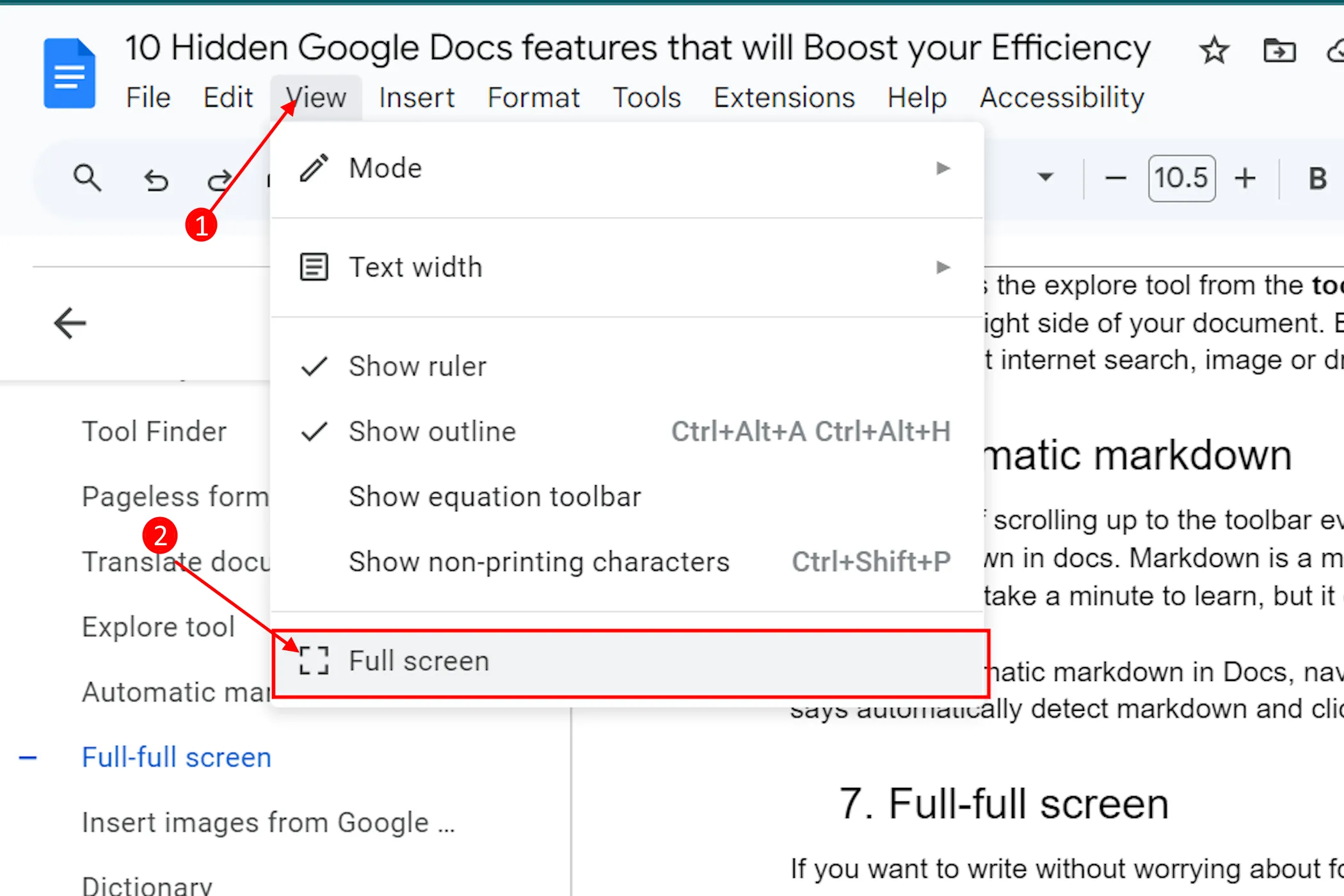 Chế độ toàn màn hình trong Google Docs giúp tập trung viết