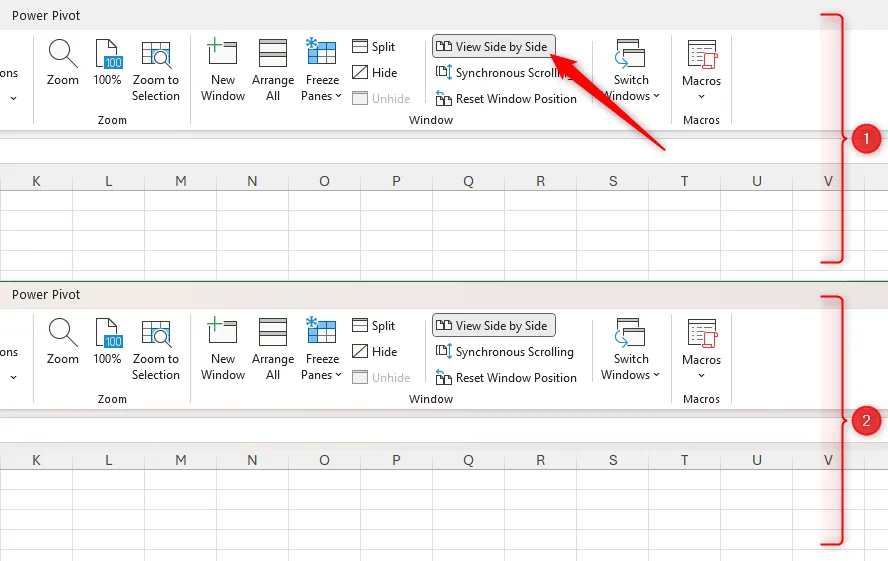 Chế độ xem Side By Side trong Excel for Windows được kích hoạt, dẫn đến việc sổ làm việc được nhân đôi theo chiều ngang.