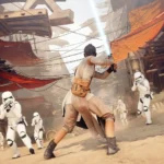 Chiến binh Jedi đối mặt với Stormtroopers trong Star Wars Battlefront II.