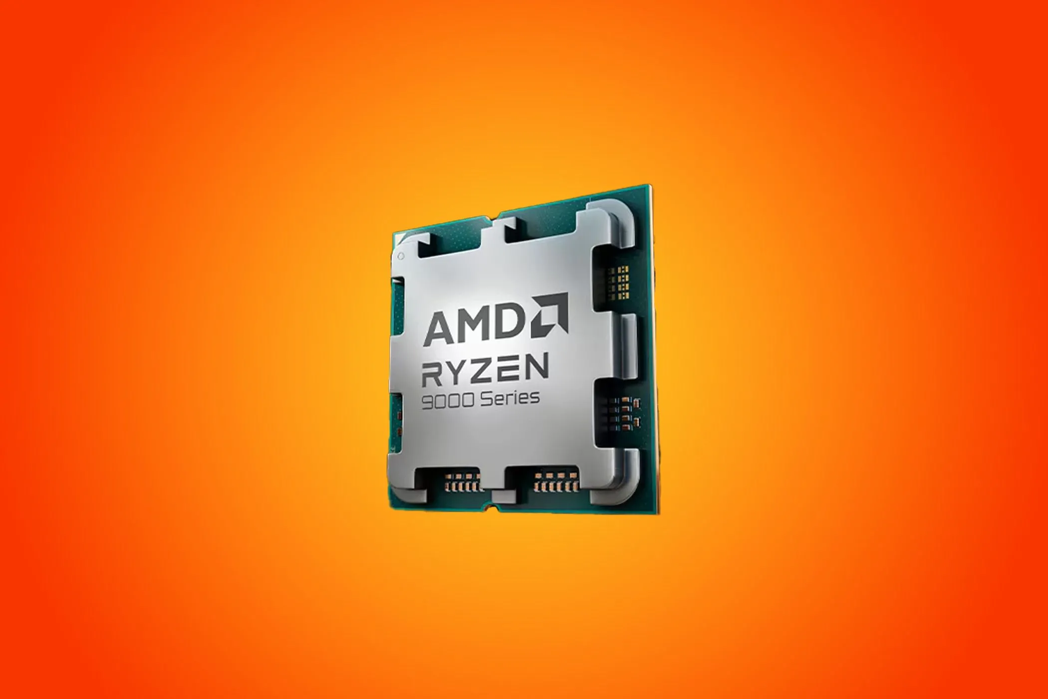 Chip CPU AMD Ryzen 9000 series thế hệ mới với logo AMD nổi bật trên nền cam.