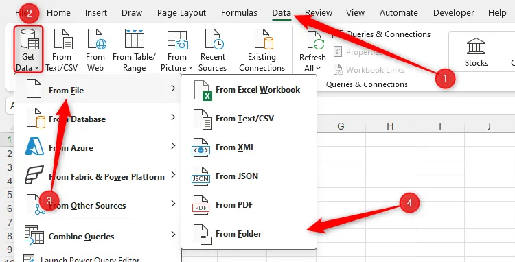 Chọn 'From Folder' từ menu Get Data trong thẻ Data của Excel