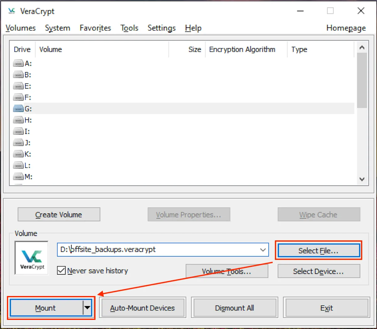 Chọn một ký tự ổ đĩa trống và duyệt đến file container VeraCrypt đã tạo để gắn kết (mount) ổ đĩa ảo.