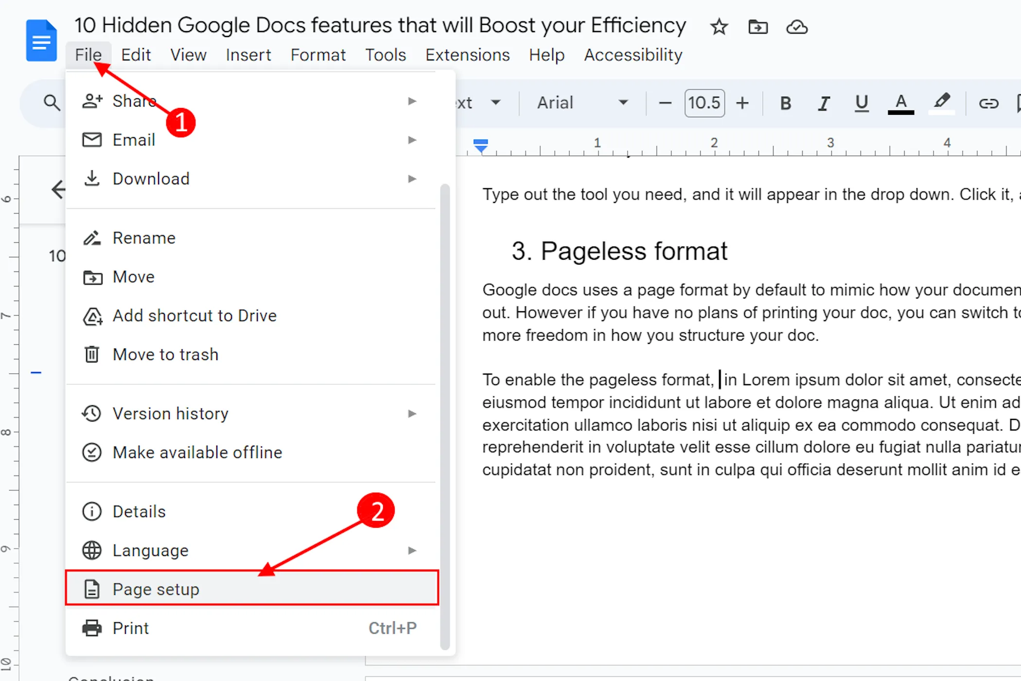 Chọn mục Cài đặt trang (Page setup) trong menu Tệp (File) của Google Docs