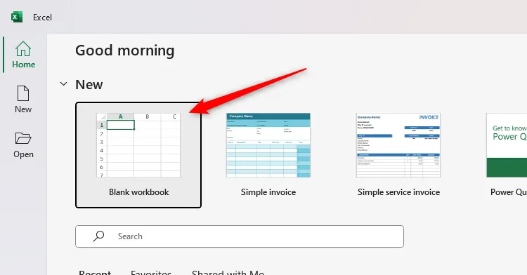 Chọn sổ làm việc trống trong màn hình chào mừng của Microsoft Excel