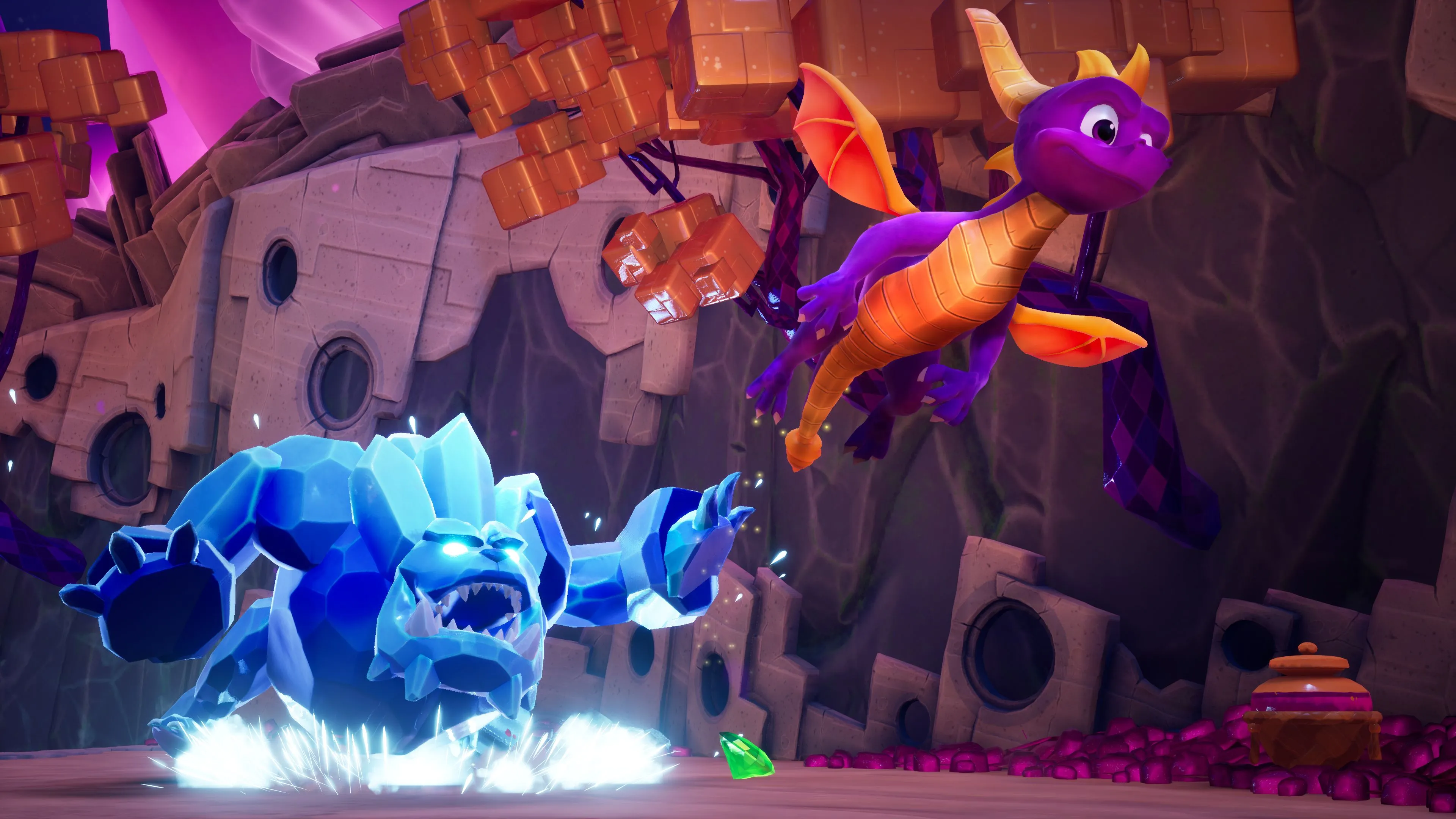 Chú rồng Spyro bay khỏi kẻ thù trong Spyro Reignited Trilogy, thể hiện gameplay mượt mà.