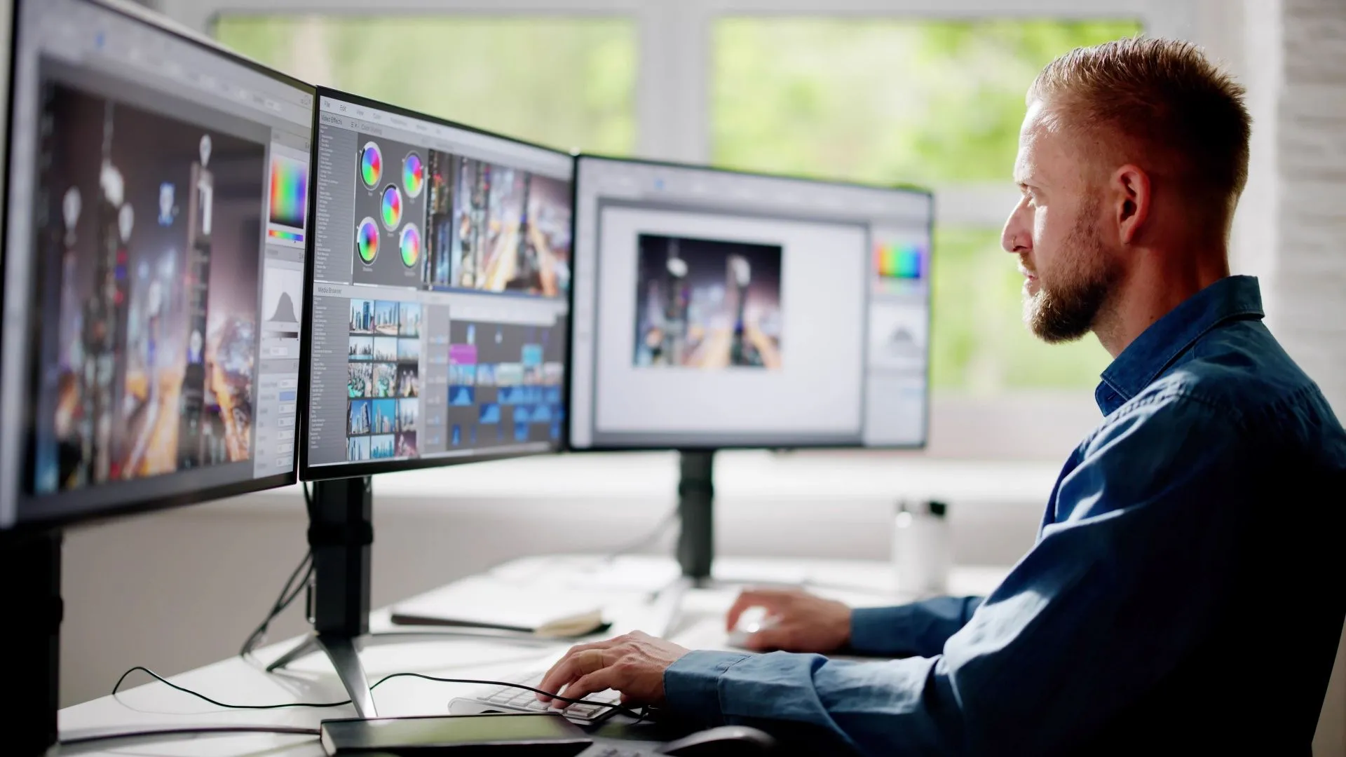 Chuyên gia biên tập video làm việc với hệ thống ba màn hình hiển thị màu sắc chính xác.
