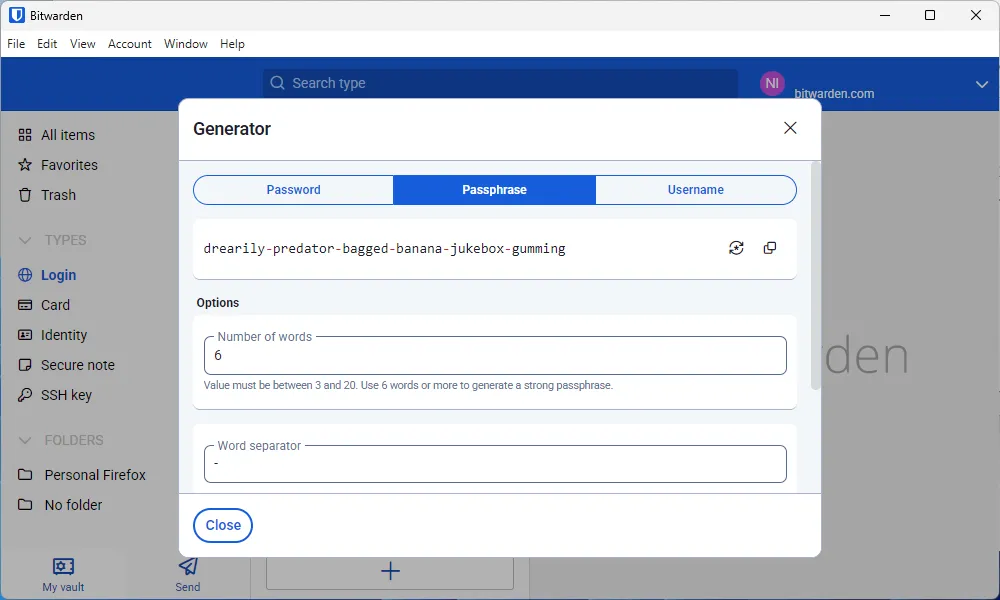 Công cụ tạo mật khẩu mạnh mẽ (passphrase generator) của BitWarden.