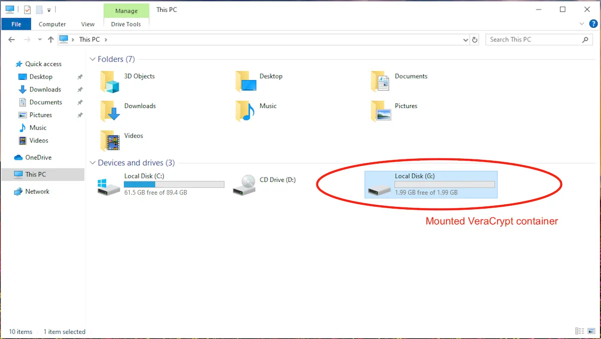 Container VeraCrypt sau khi gắn kết (mount) sẽ hiển thị như một ổ đĩa thông thường trong File Explorer của Windows, sẵn sàng để sao chép dữ liệu.