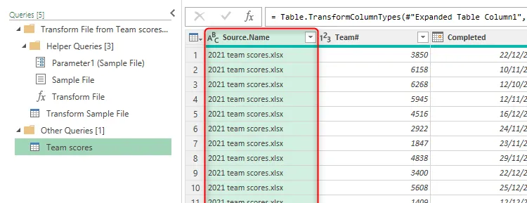 Cột Source.Name trong trình chỉnh sửa Power Query của Excel