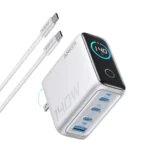 Củ sạc Anker 140W màu bạc với màn hình hiển thị công suất và trạng thái sạc trên nền trắng, nổi bật tính năng thông minh