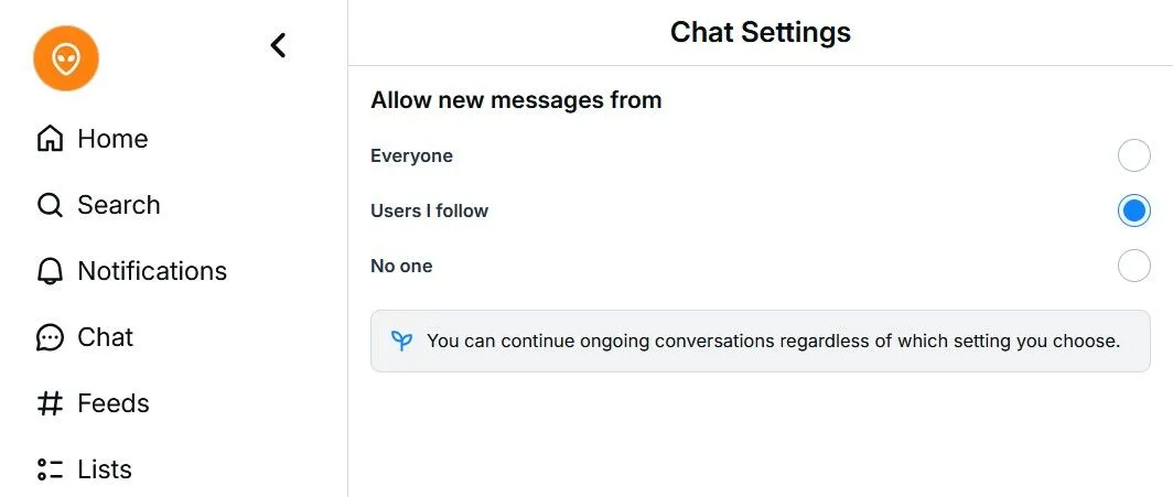 Cửa sổ cài đặt trò chuyện (Chat Settings) trên Bluesky để quản lý quyền riêng tư tin nhắn