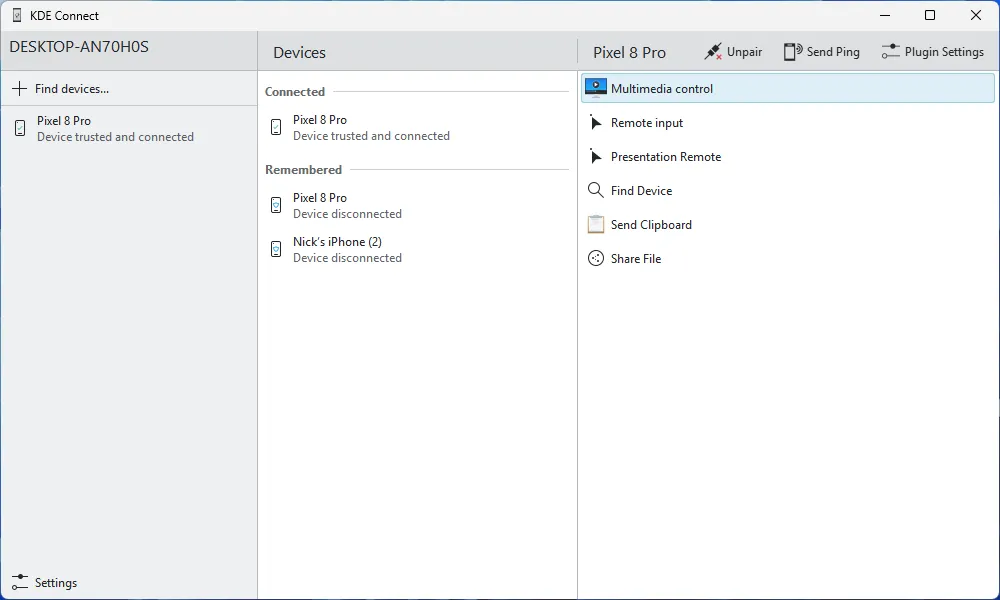 Cửa sổ chính của ứng dụng KDE Connect hiển thị các tùy chọn kết nối thiết bị.
