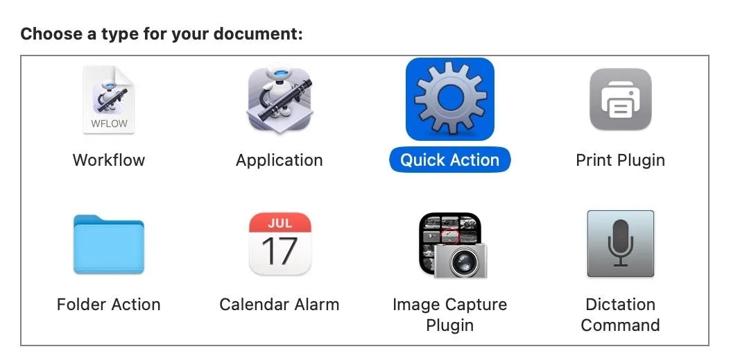 Cửa sổ chọn loại tài liệu trong ứng dụng Automator trên macOS để tạo Quick Action.