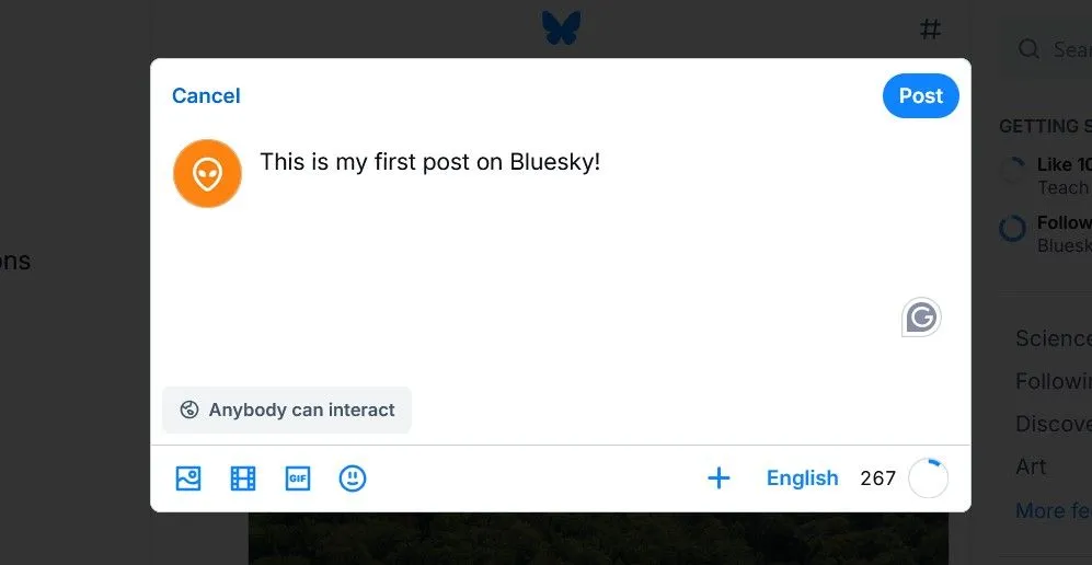 Cửa sổ soạn thảo bài đăng mới trên Bluesky, cho phép thêm văn bản, emoji, hình ảnh và video