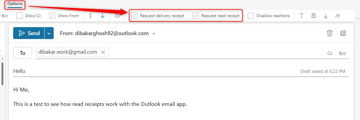 Cửa sổ soạn thảo email Outlook với tùy chọn yêu cầu thông báo đã đọc và thông báo đã gửi được kích hoạt.