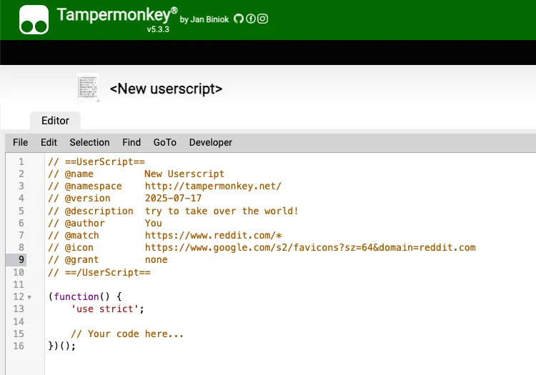 Cửa sổ tạo script mới trong Tampermonkey, hiển thị mã JavaScript mẫu mặc định sẵn.