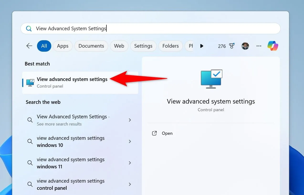 Cửa sổ tìm kiếm Windows với tùy chọn "Xem cài đặt hệ thống nâng cao"
