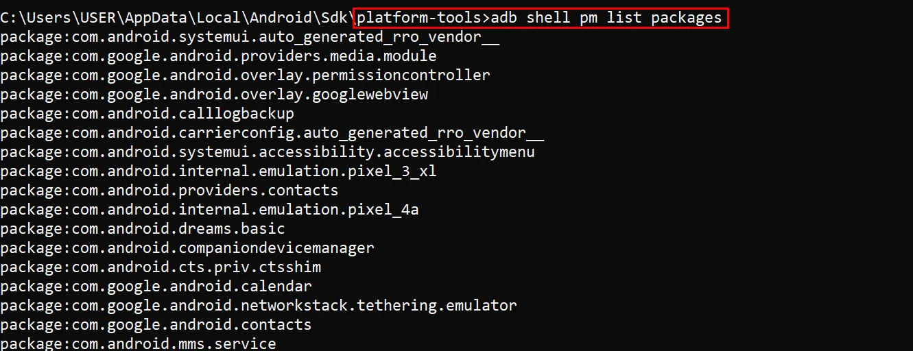 Danh sách tên gói ứng dụng Android hiển thị từ lệnh `adb shell pm list packages` trên cửa sổ dòng lệnh.