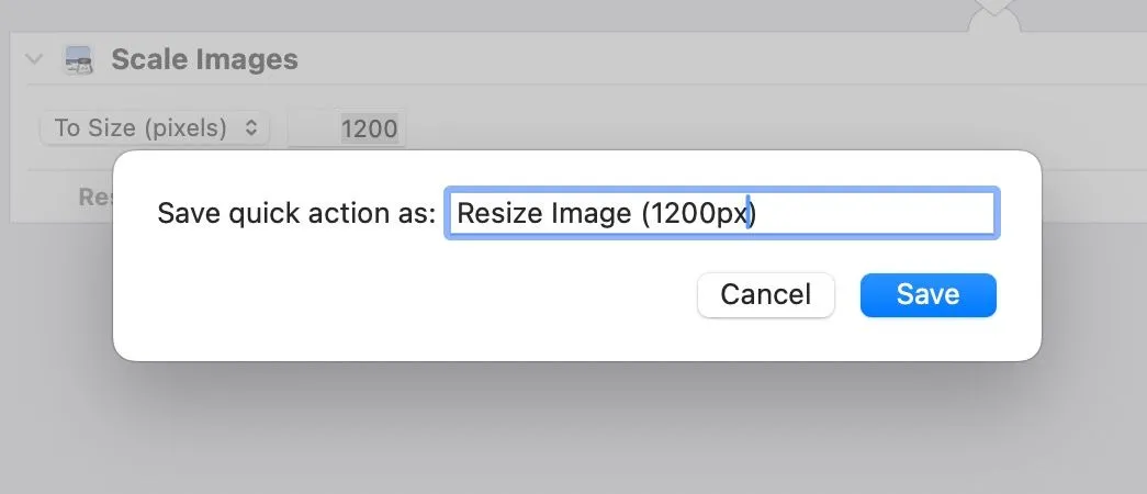 Đặt tên cho Quick Action tùy chỉnh trong ứng dụng Automator của macOS trước khi lưu.
