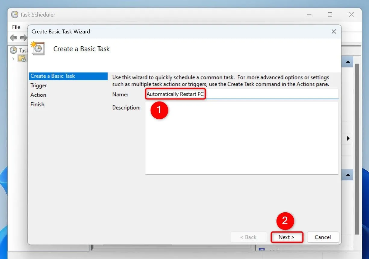 Đặt tên cho tác vụ tự động khởi động lại PC trong Task Scheduler
