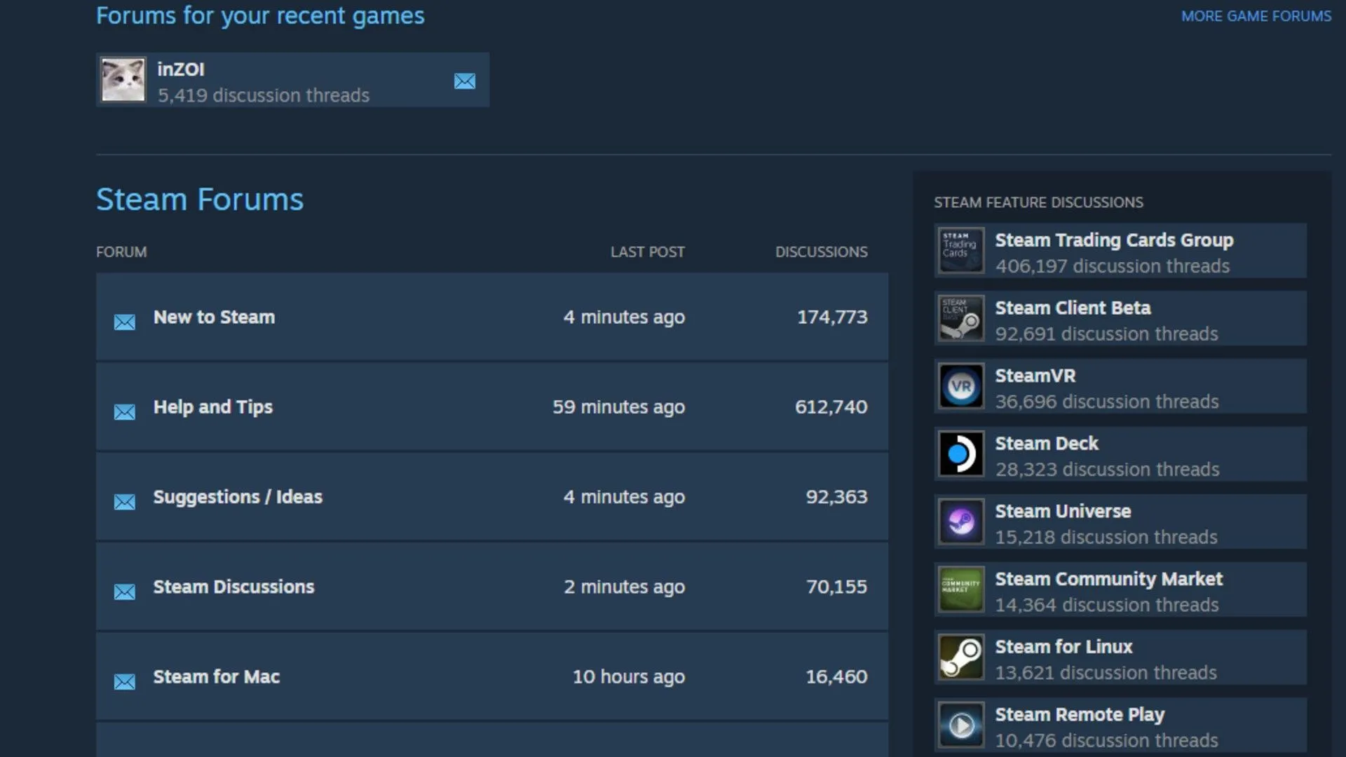 Diễn đàn Steam của Inzoi với năm cuộc thảo luận được phân chia giữa các gợi ý và lỗi.