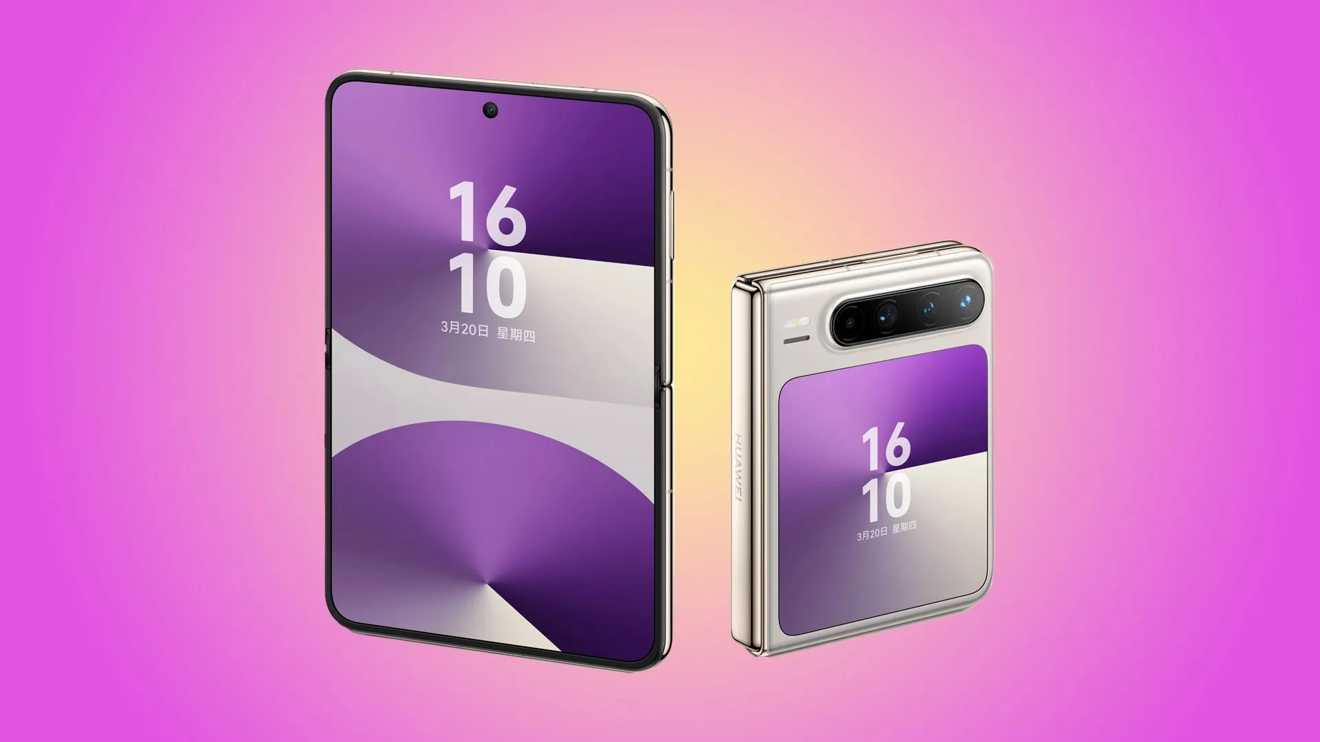Điện thoại gập Huawei Pura X màu hồng vàng, gập lại và hiển thị màn hình phụ bên ngoài