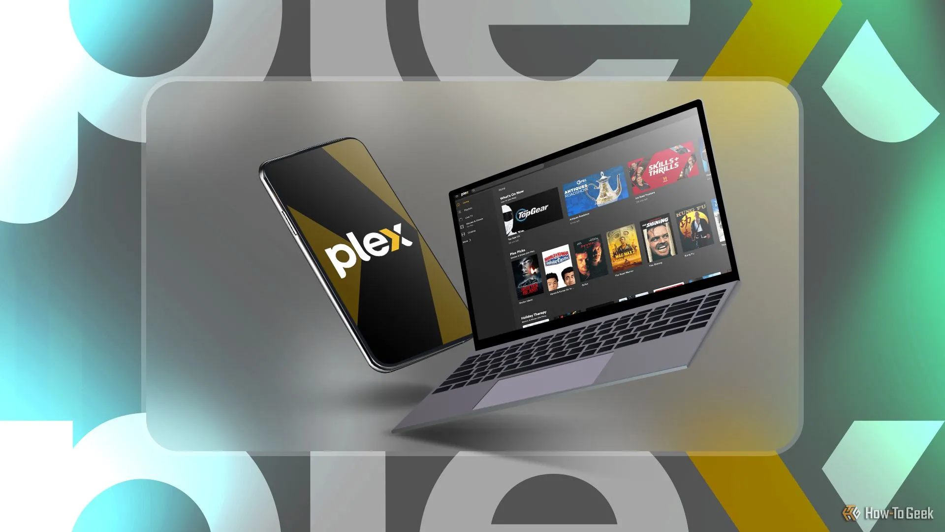 Điện thoại hiển thị logo Plex và laptop hiển thị giao diện chính Plex