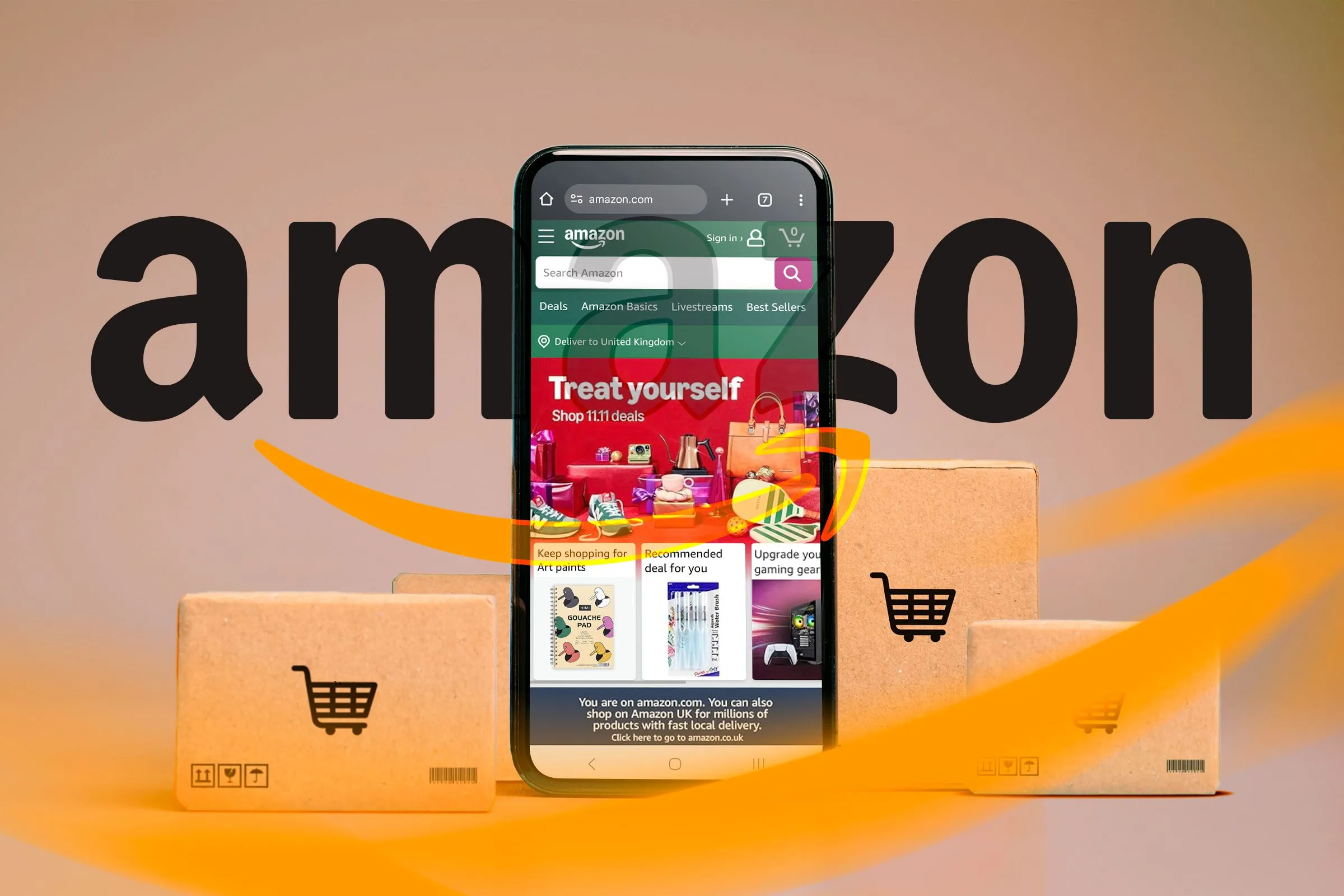 Điện thoại hiển thị trang web mua sắm Amazon, cùng với các hộp hàng và biểu tượng Amazon, minh họa sự tiện lợi của mua sắm trực tuyến.