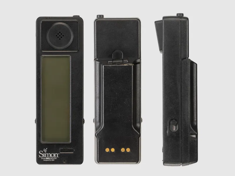 Điện thoại IBM Simon với màn hình cảm ứng điện trở và các biểu tượng ứng dụng cơ bản