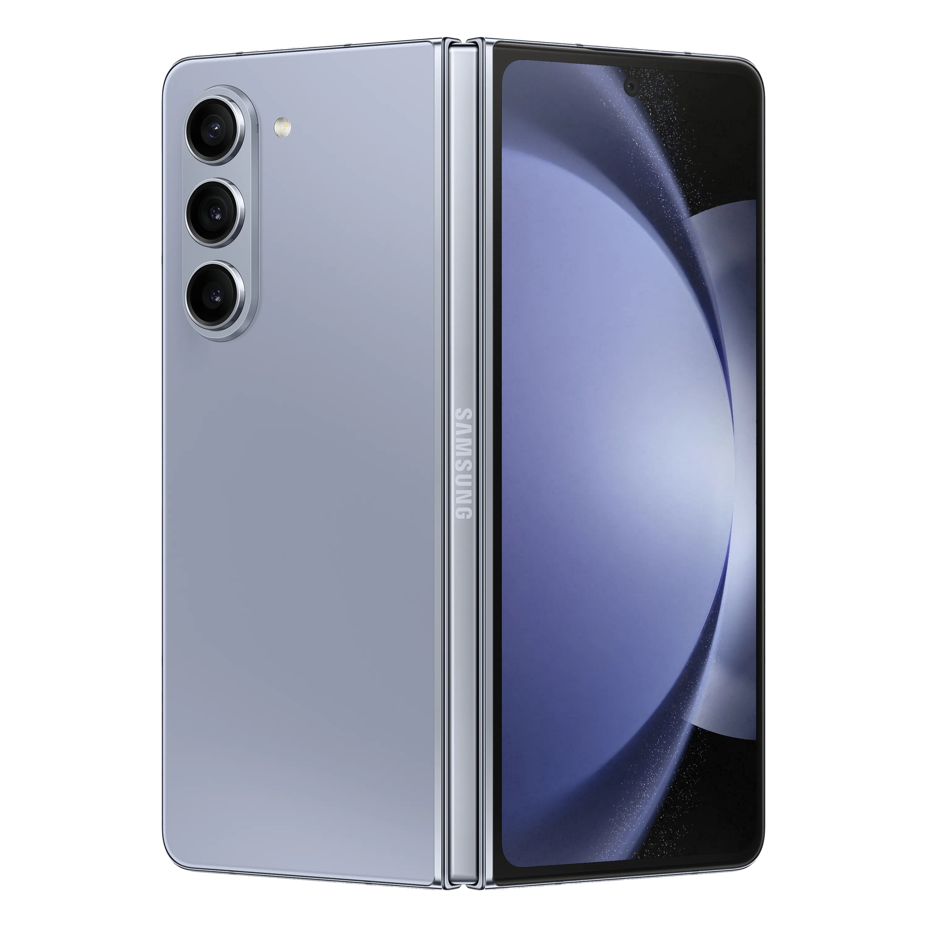 Điện thoại Samsung Galaxy Z Fold 5 với màn hình gập mở, hiển thị giao diện người dùng.