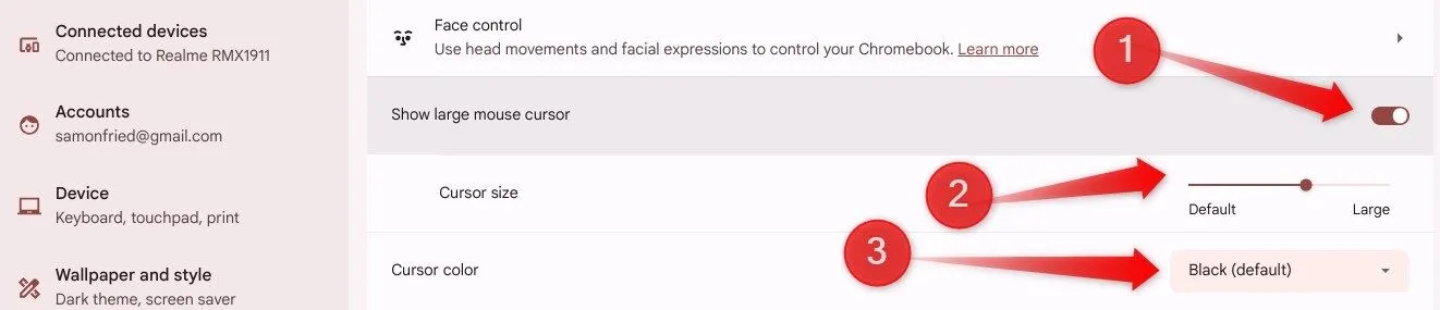 Điều chỉnh kích thước và màu sắc con trỏ chuột trong cài đặt ChromeOS.