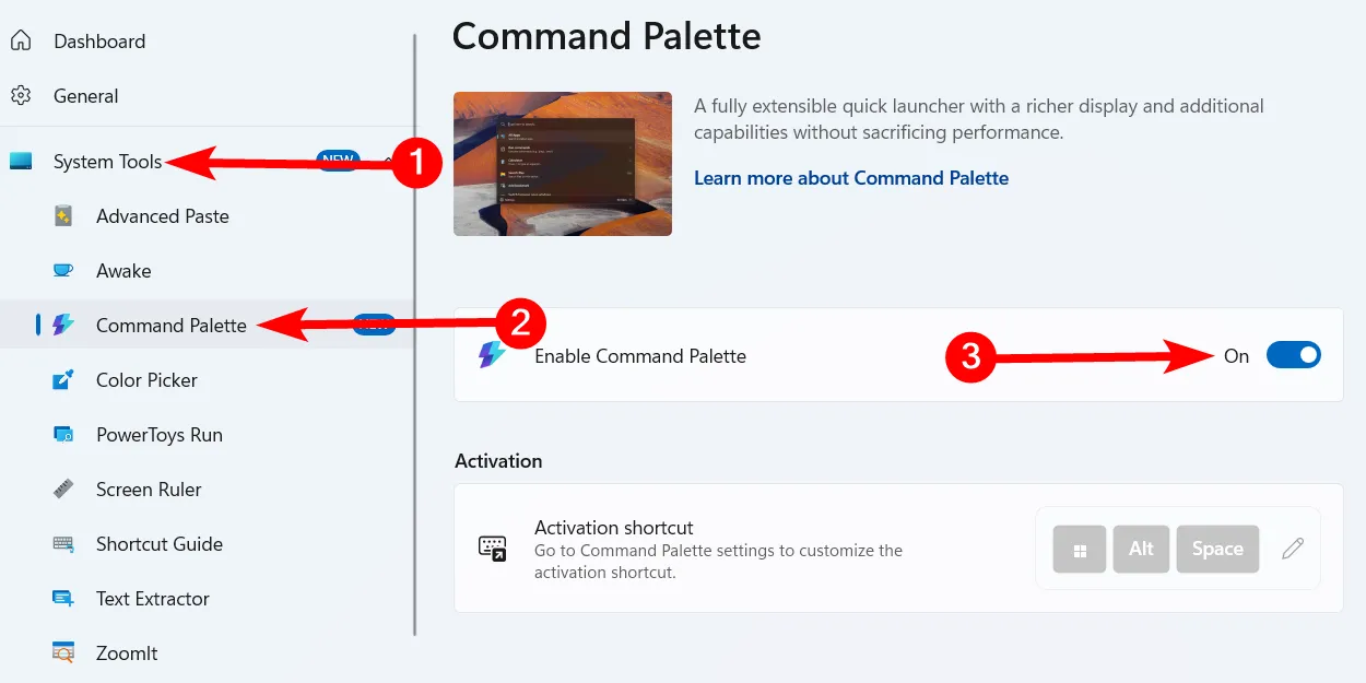 Giao diện bật tính năng Command Palette trong cài đặt PowerToys trên Windows.
