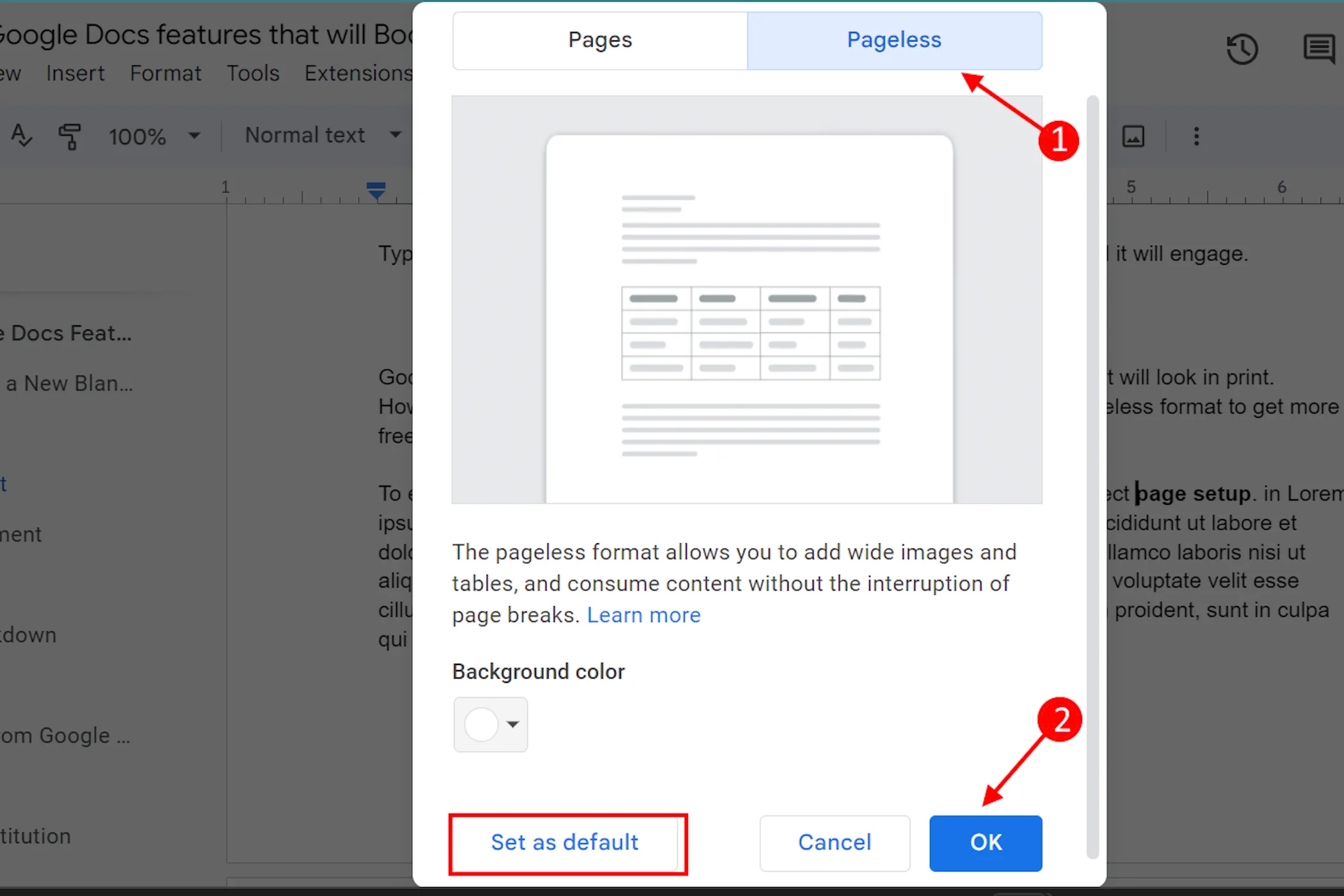 Giao diện cài đặt trang của Google Docs chuyển sang tab Pageless để bỏ định dạng trang