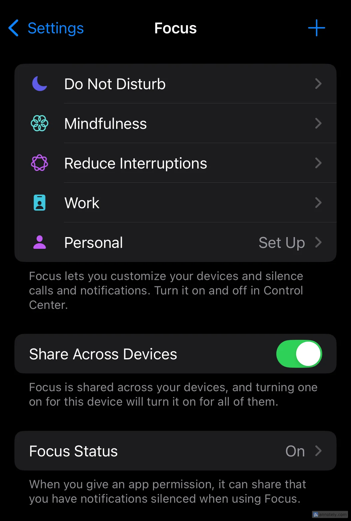 Giao diện cài đặt và tùy chỉnh chế độ Tập trung (Focus) trên iPhone để kiểm soát thông báo.